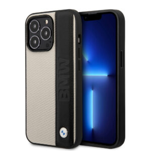 BMW iPhone 14 Pro hoesje - Textured & Logo Stripe - Beige - productfoto