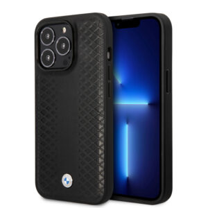 BMW iPhone 14 Pro hoesje - Red Leather Signature - Diamond Hot Stamp Pattern - Zwart - productfoto