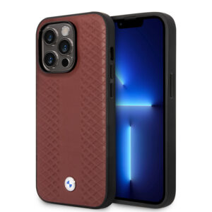 BMW iPhone 14 Pro hoesje - Red Leather Signature - Diamond Hot Stamp Pattern - Bordeauxrood - productfoto