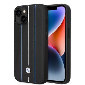 BMW iPhone 14 Plus & 15 Plus hoesje - Blue Leather Signature - Hot Stamp Lines - Zwart - productfoto