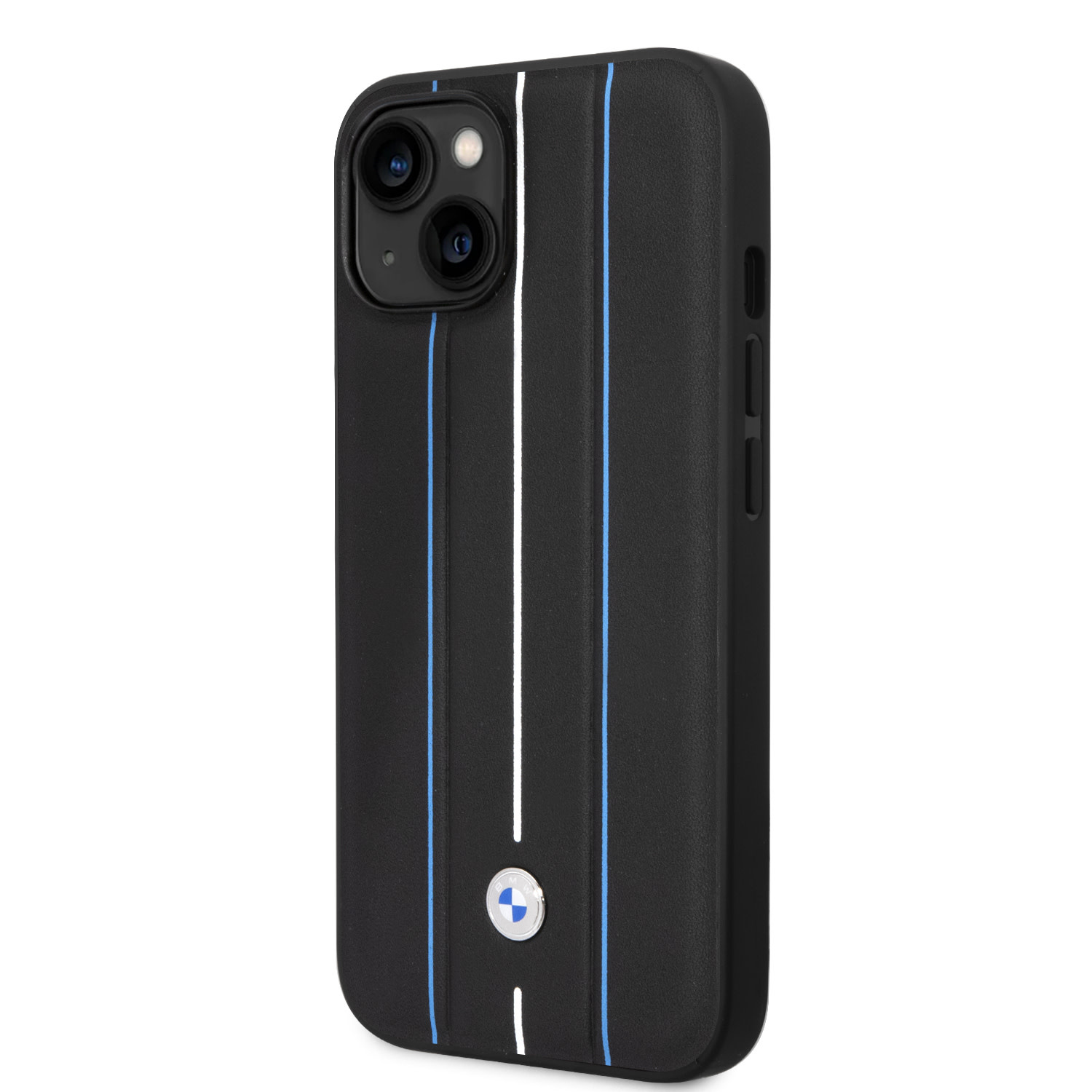 BMW iPhone 14 Plus & 15 Plus hoesje - Blue Leather Signature - Hot Stamp Lines - Zwart - detail 1