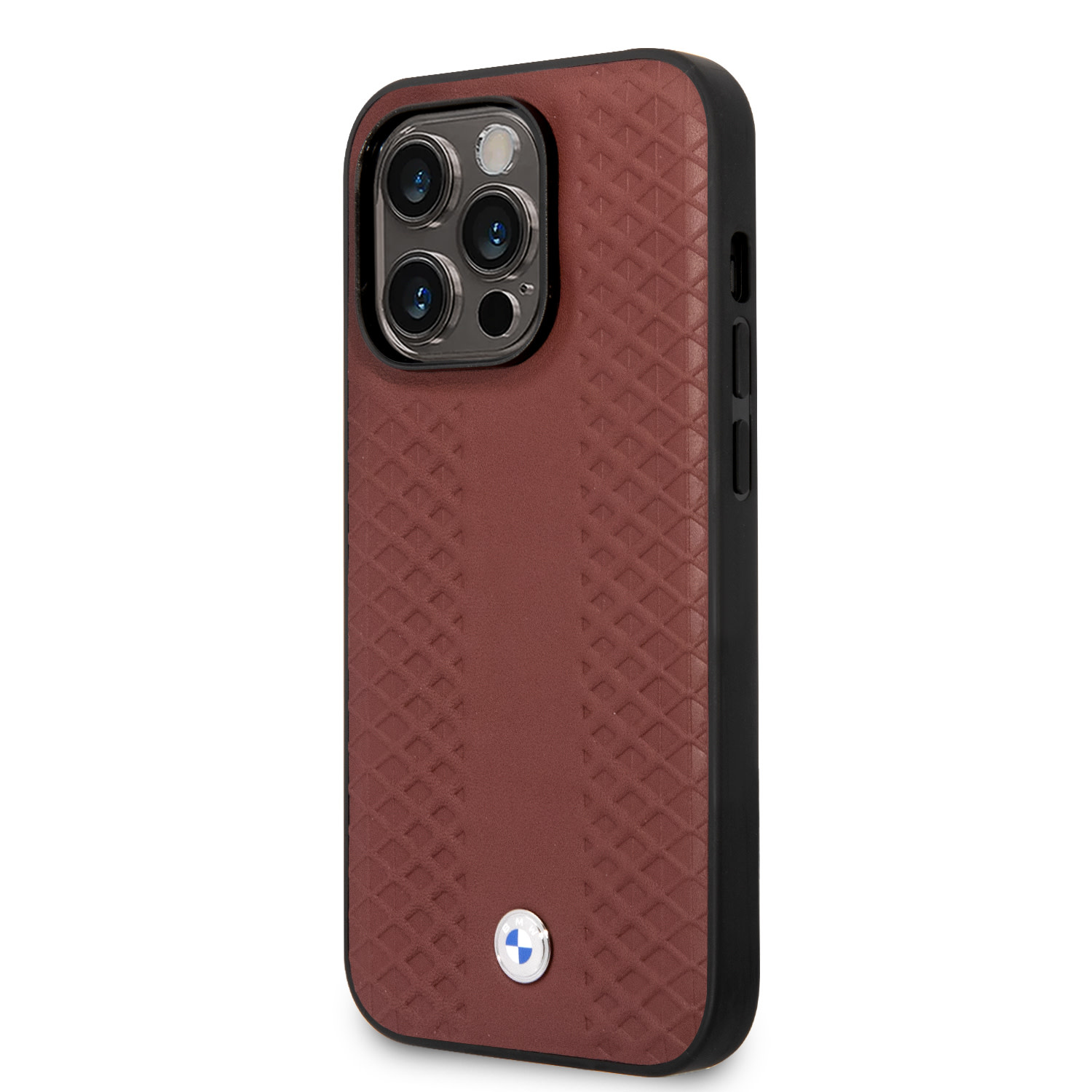 BMW iPhone 14 Pro Max hoesje - Red Leather Signature - Diamond Hot Stamp Pattern - Bordeauxrood - detail 1
