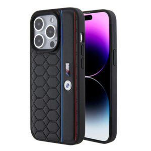 BMW iPhone 15 Pro Book type case hoesje - Hexo Pattern - Zwart - productfoto