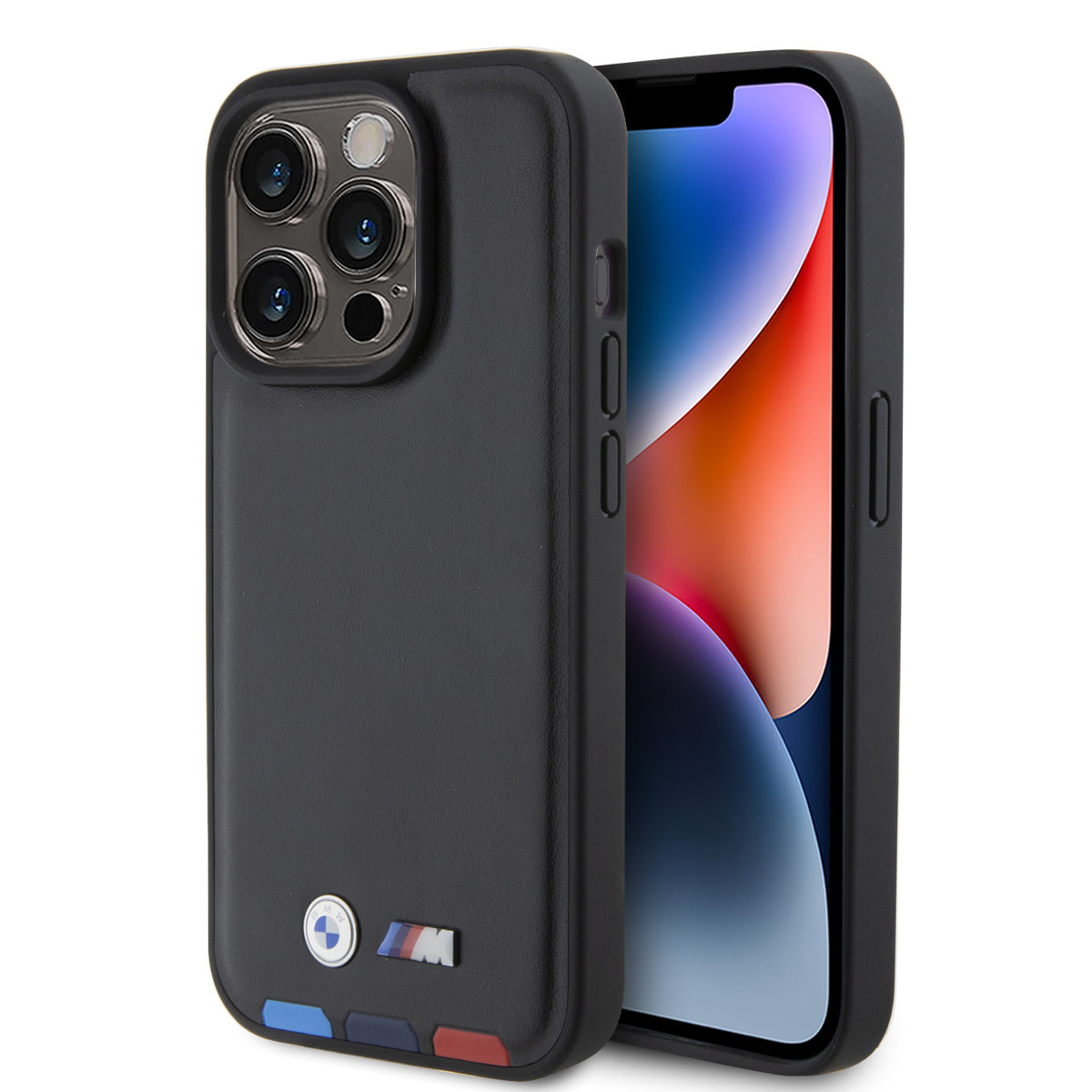 BMW iPhone 15 Pro Genuine Leather Back cover hoesje - Tricolor Stamp - Zwart - productfoto