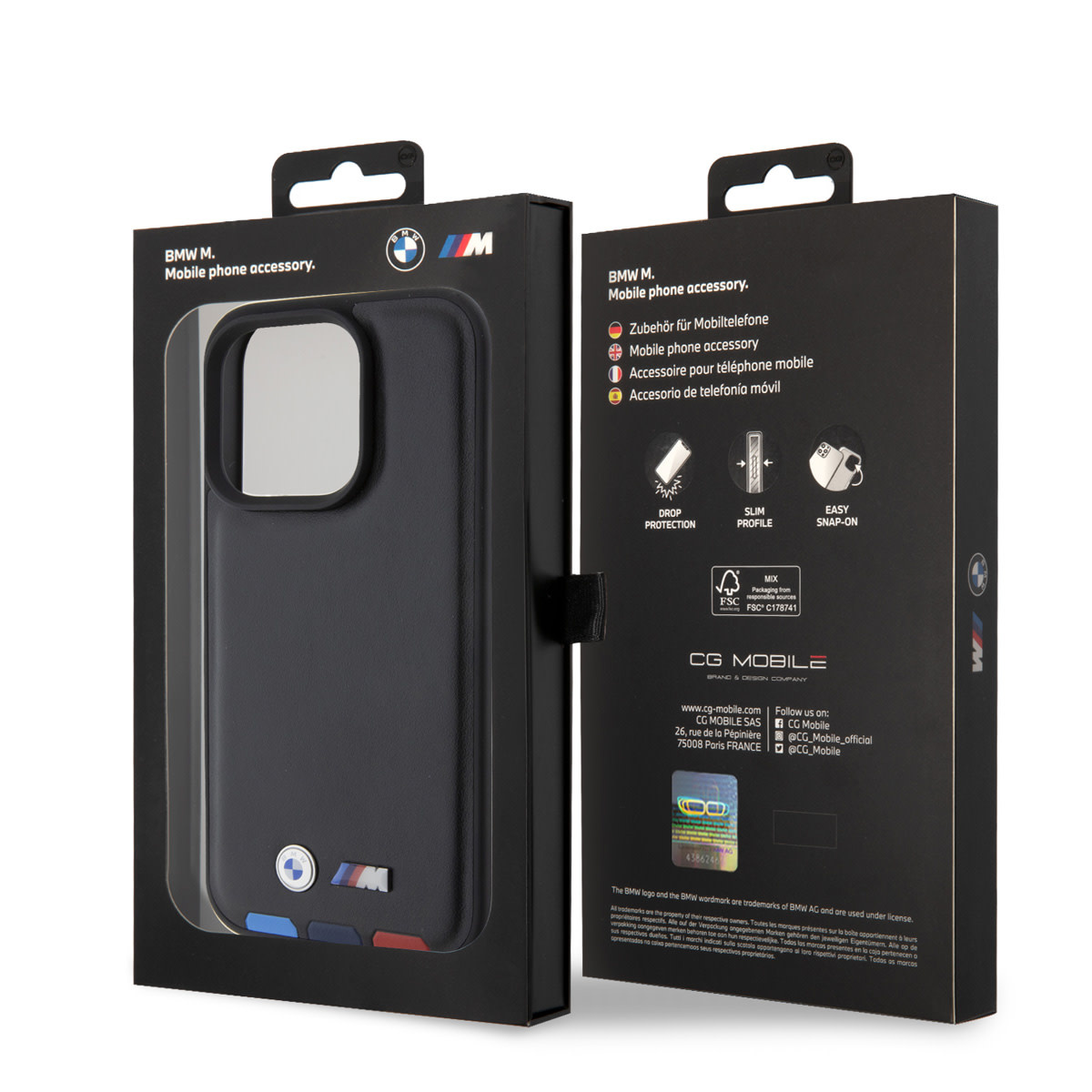 BMW iPhone 15 Pro Genuine Leather Back cover hoesje - Tricolor Stamp - Zwart - detail 7