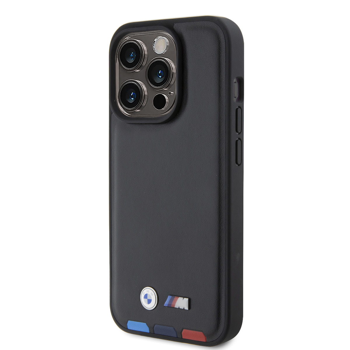 BMW iPhone 15 Pro Genuine Leather Back cover hoesje - Tricolor Stamp - Zwart - detail 1