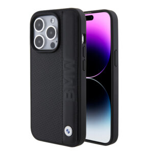 BMW iPhone 15 Pro hoesje - Textured & Stripe Design - Zwart - productfoto