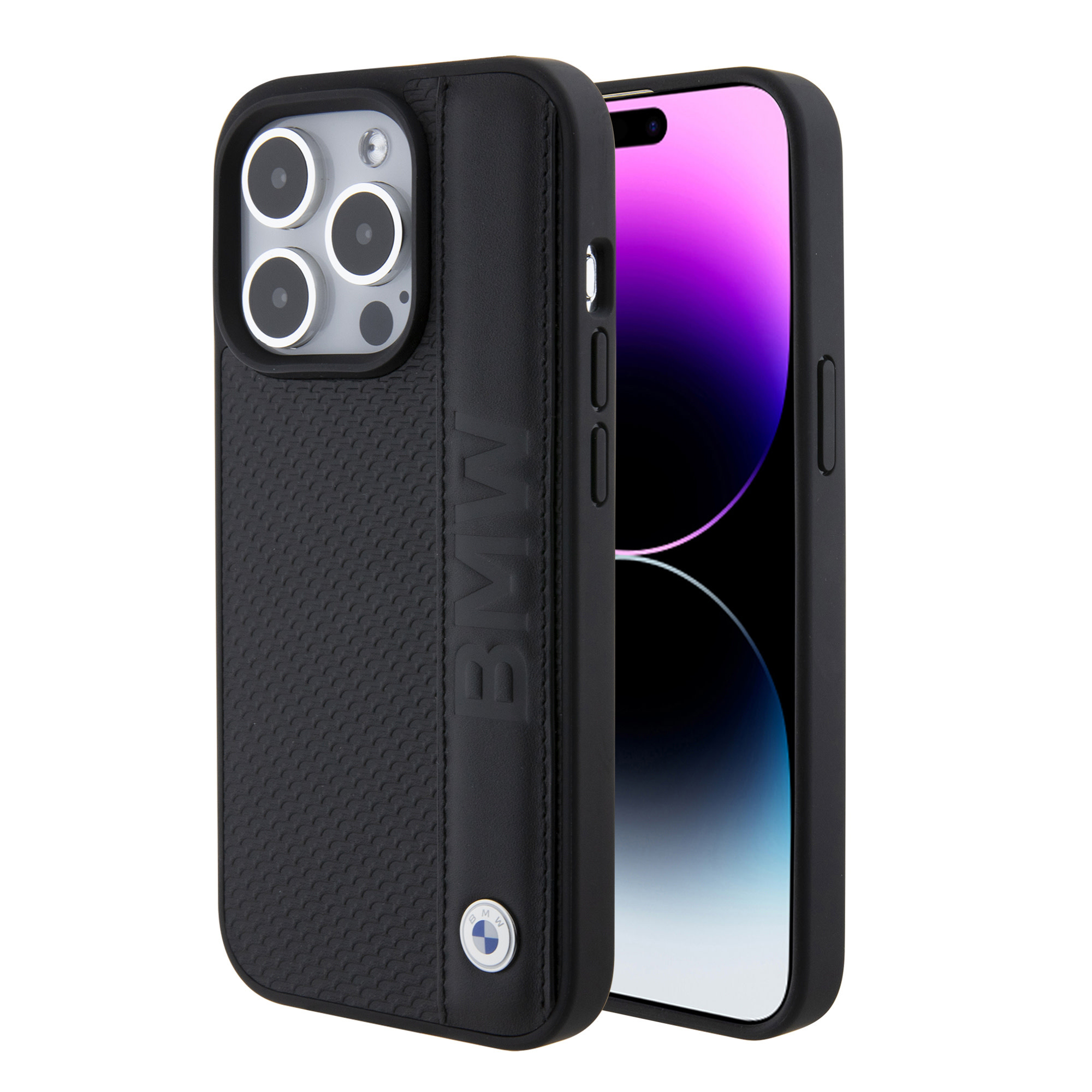 BMW iPhone 15 Pro hoesje - Textured & Stripe Design - Zwart - productfoto