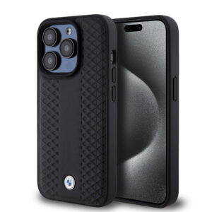 BMW iPhone 15 Pro hoesje - Red Leather Signature - Diamond Pattern - Zwart - productfoto
