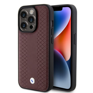 BMW iPhone 15 Pro hoesje - Red Leather Signature - Diamond Pattern - Bordeauxrood - productfoto