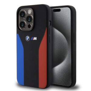 BMW iPhone 15 Pro hoesje - Blue & Red Stripes - Zwart - productfoto