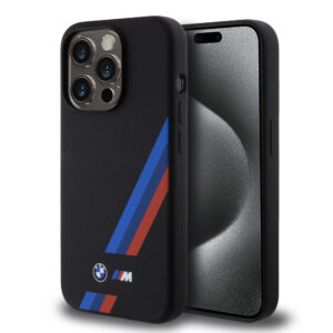 BMW iPhone 15 Pro hoesje - Slanted Tricolor Stripes - Zwart - productfoto