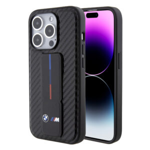 BMW iPhone 15 Pro hoesje - Gripstand - Carbon Print - Zwart - productfoto