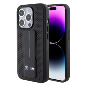 BMW iPhone 15 Pro hoesje - Gripstand - Carbon Print - Zwart - productfoto