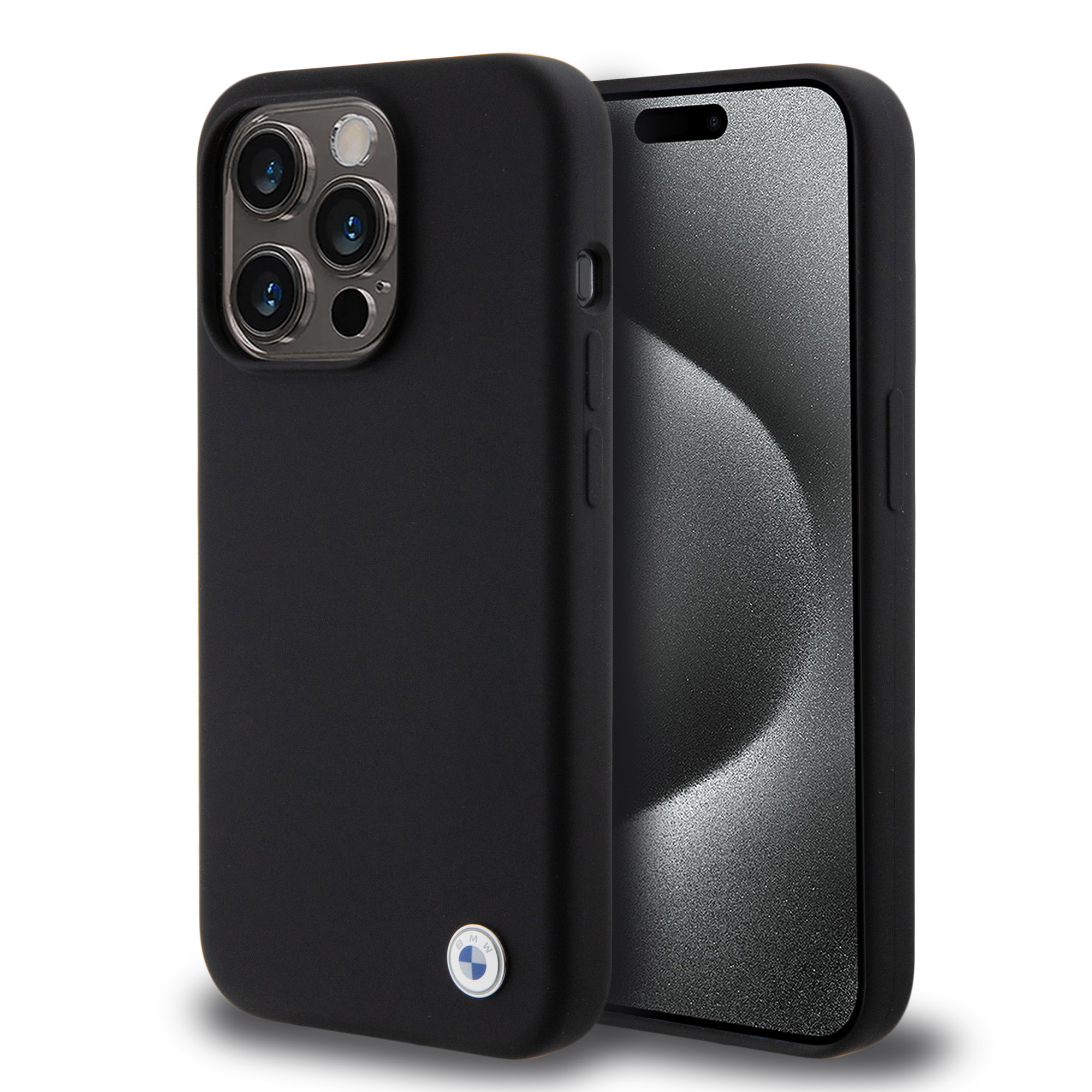 BMW iPhone 15 Pro hoesje - Metal Logo - Zwart - productfoto