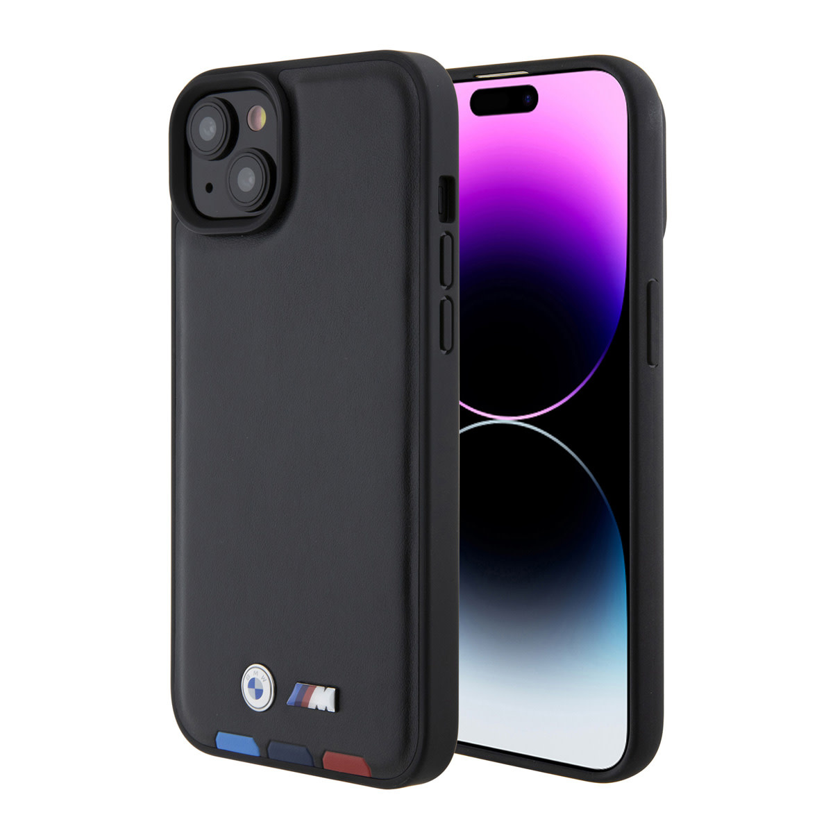 BMW iPhone 15 Plus Genuine Leather Back cover hoesje - Tricolor Stamp - Zwart - productfoto