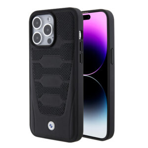 BMW iPhone 15 Pro Max hoesje - Red Leather Signature - Perforated Seats Design - Zwart - productfoto