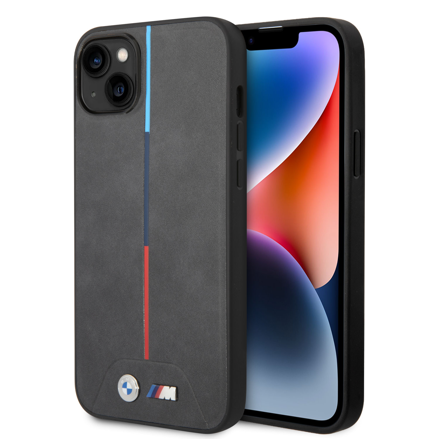 BMW iPhone 14 Plus & 15 Plus hoesje - M Collection - Quilted - Tricolor Stripe - Grijs - productfoto