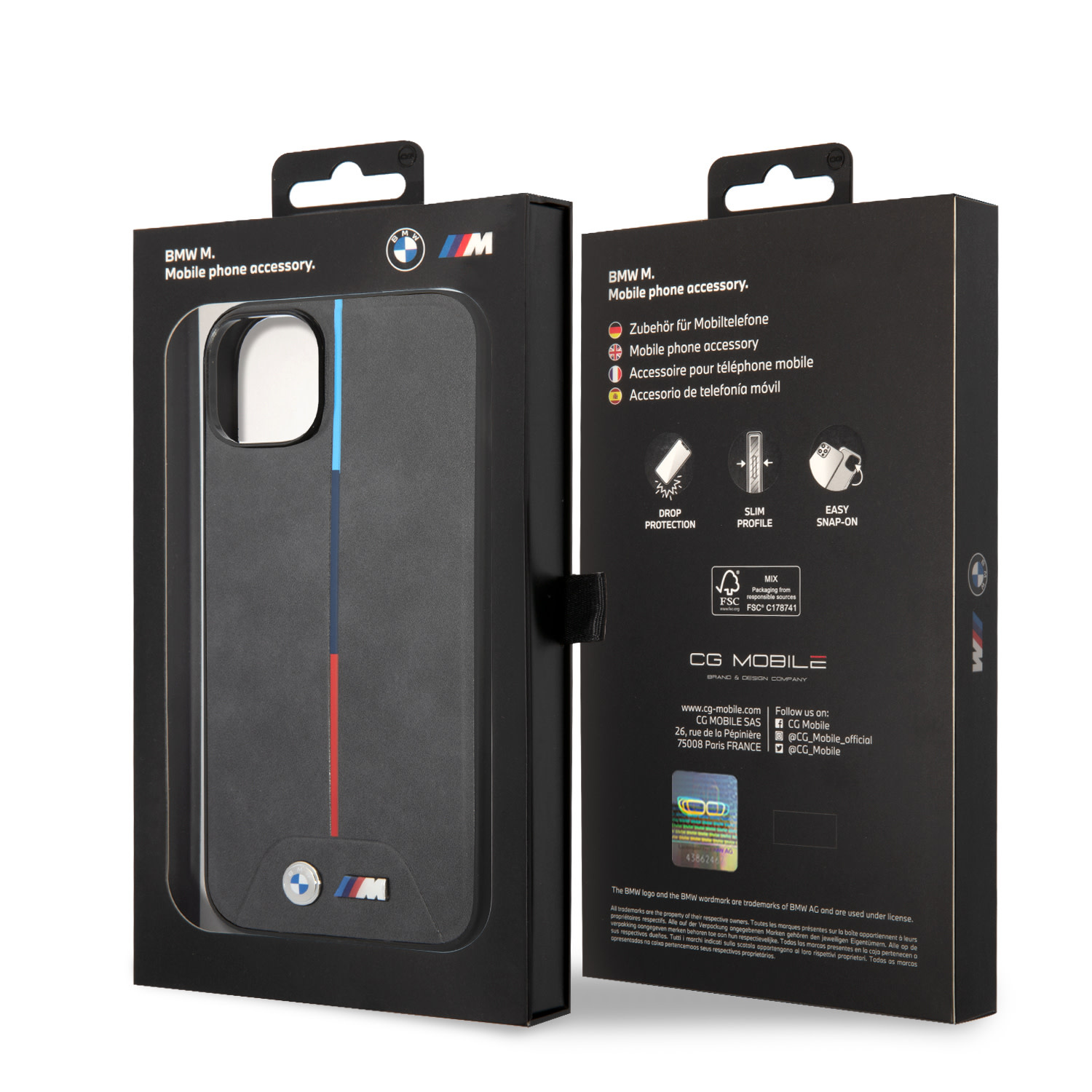 BMW iPhone 14 Plus & 15 Plus hoesje - M Collection - Quilted - Tricolor Stripe - Grijs - detail 7