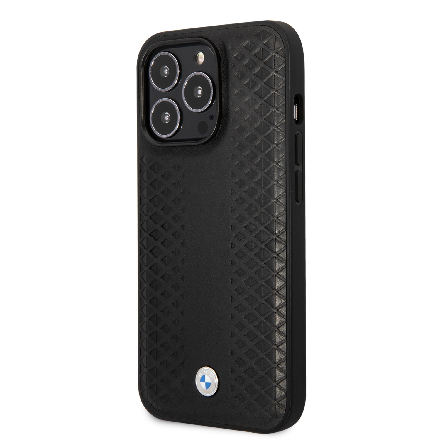 BMW iPhone 14 Pro Max hoesje - Red Leather Signature - Diamond Hot Stamp Pattern - Zwart - detail 1