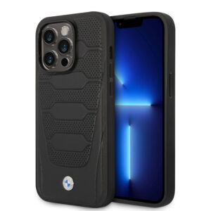 BMW iPhone 14 Pro Max hoesje - Red Leather Signature - Perforated Seats Design - Zwart - productfoto