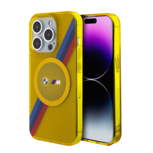 BMW iPhone 15 Pro hoesje - Magsafe - M Tricolor Stripes - Geel - productfoto