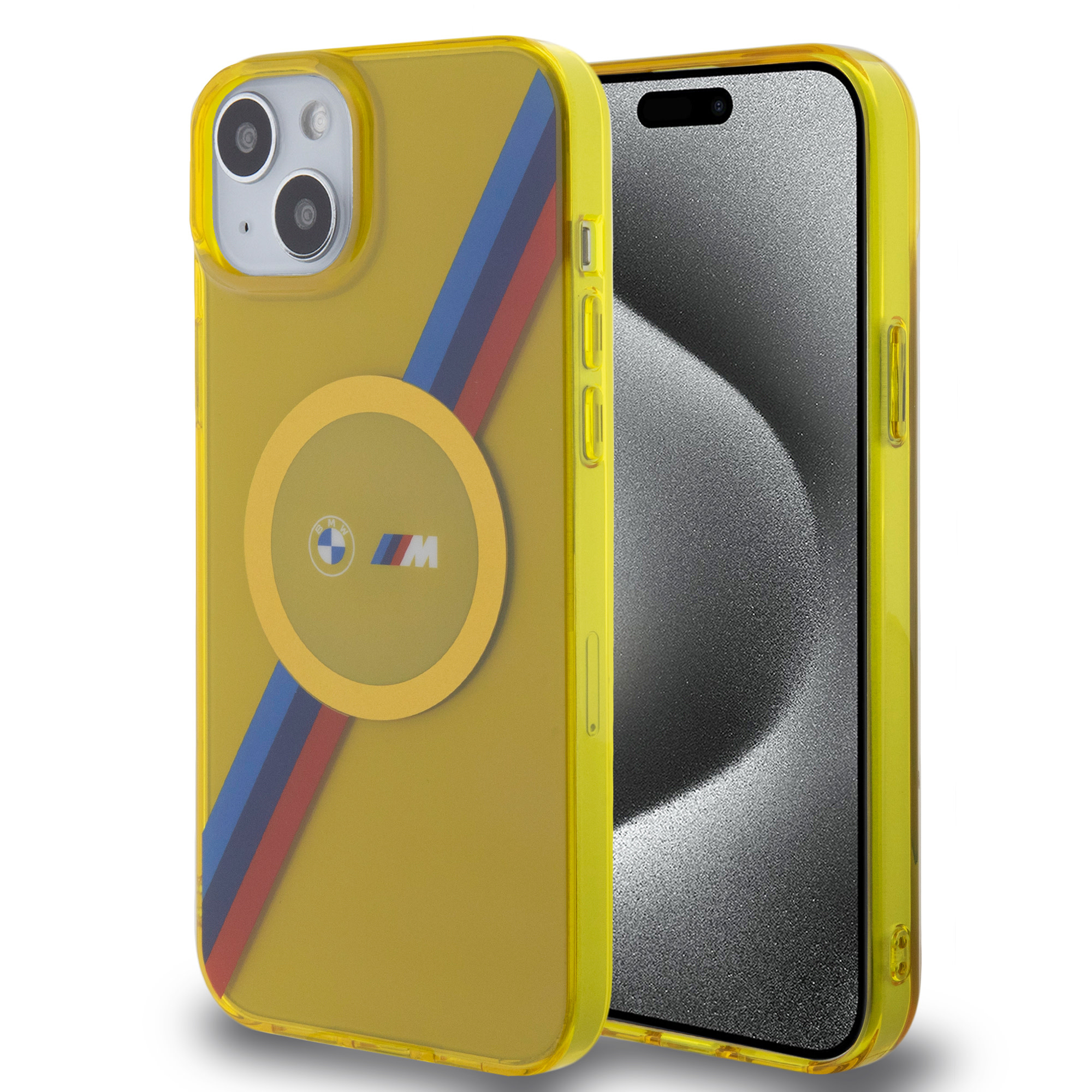BMW iPhone 15 Plus & 14 Plus hoesje - Magsafe - M Tricolor Stripes - Geel - productfoto