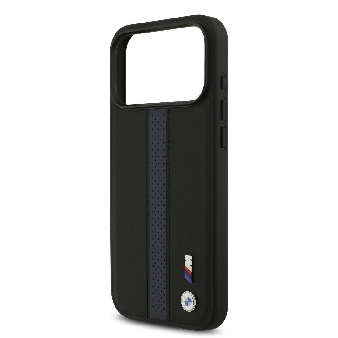 BMW iPhone 17 Pro Max hoesje - PU Case With Perforated Blue Stripes & Metal Logos - Zwart - detail 4