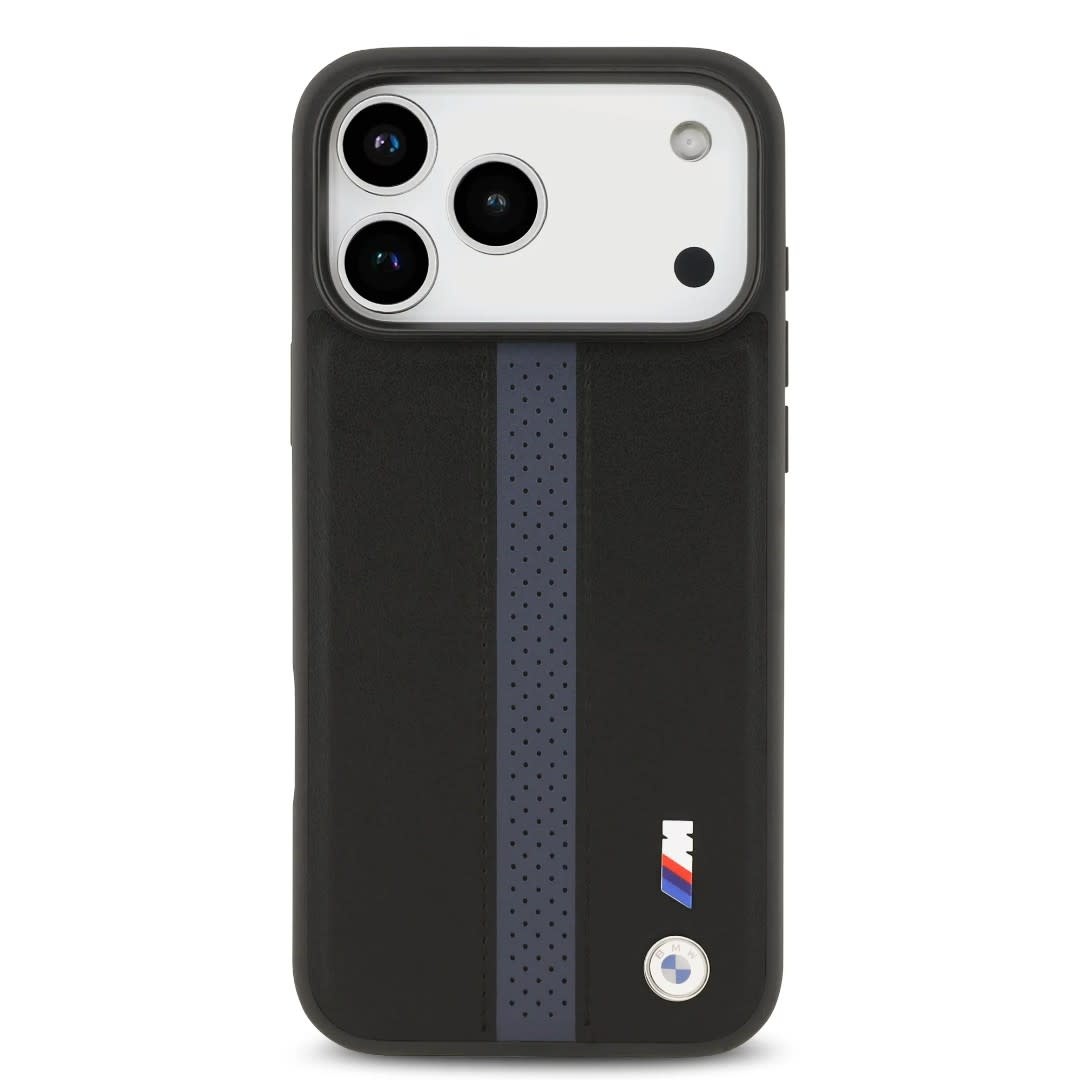 BMW iPhone 17 Pro Max hoesje - PU Case With Perforated Blue Stripes & Metal Logos - Zwart - detail 10