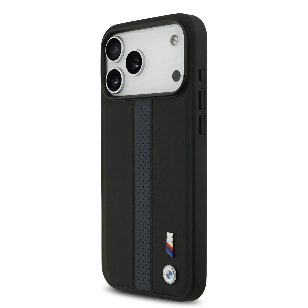 BMW iPhone 17 Pro Max hoesje - PU Case With Perforated Blue Stripes & Metal Logos - Zwart - detail 1