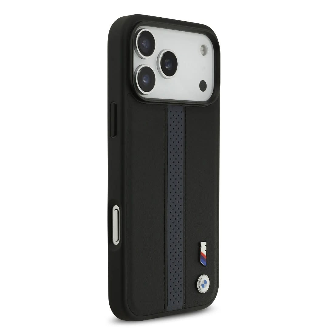 BMW iPhone 17 Pro Max hoesje - PU Case With Perforated Blue Stripes & Metal Logos - Zwart - detail 3