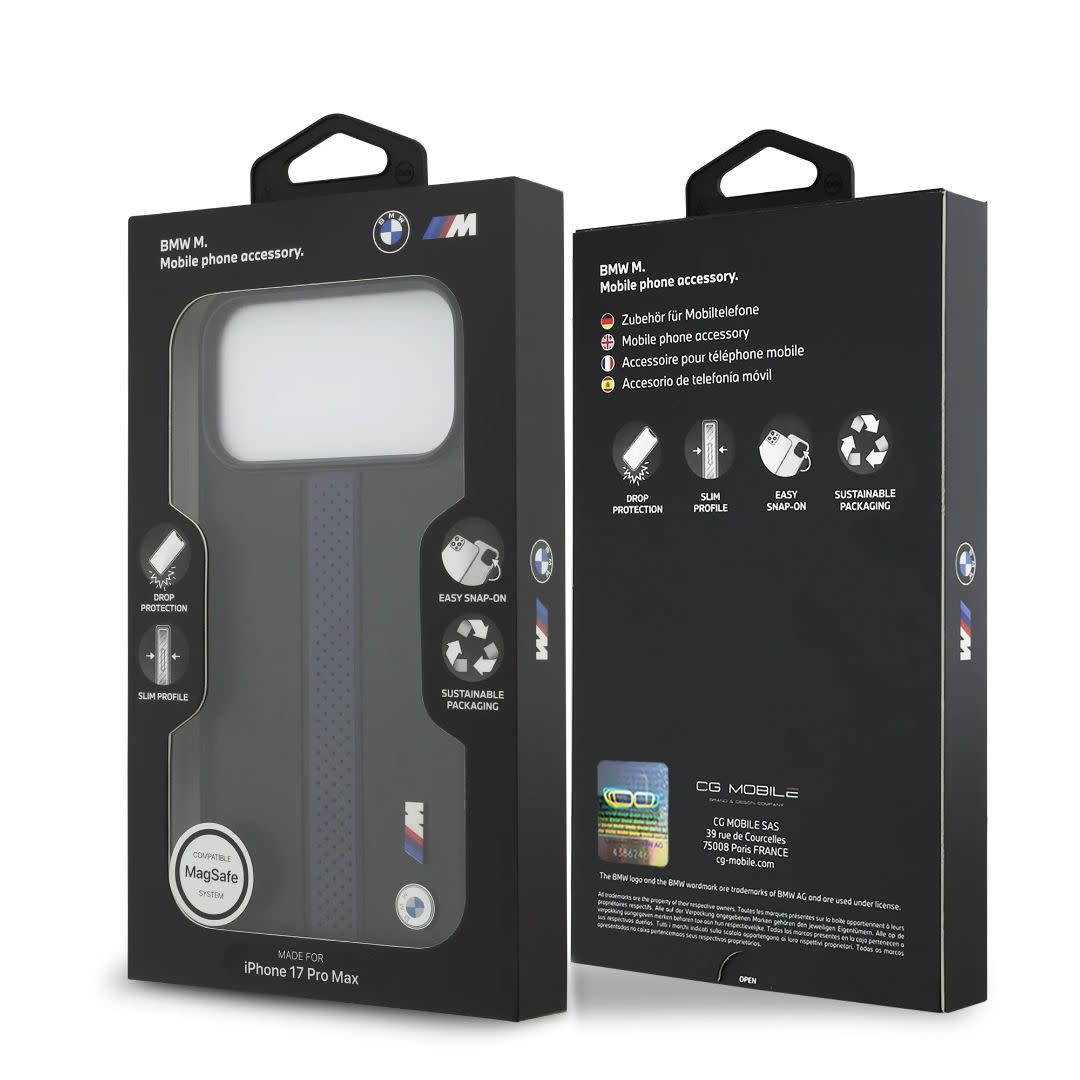 BMW iPhone 17 Pro Max hoesje - PU Case With Perforated Blue Stripes & Metal Logos - Zwart - detail 7