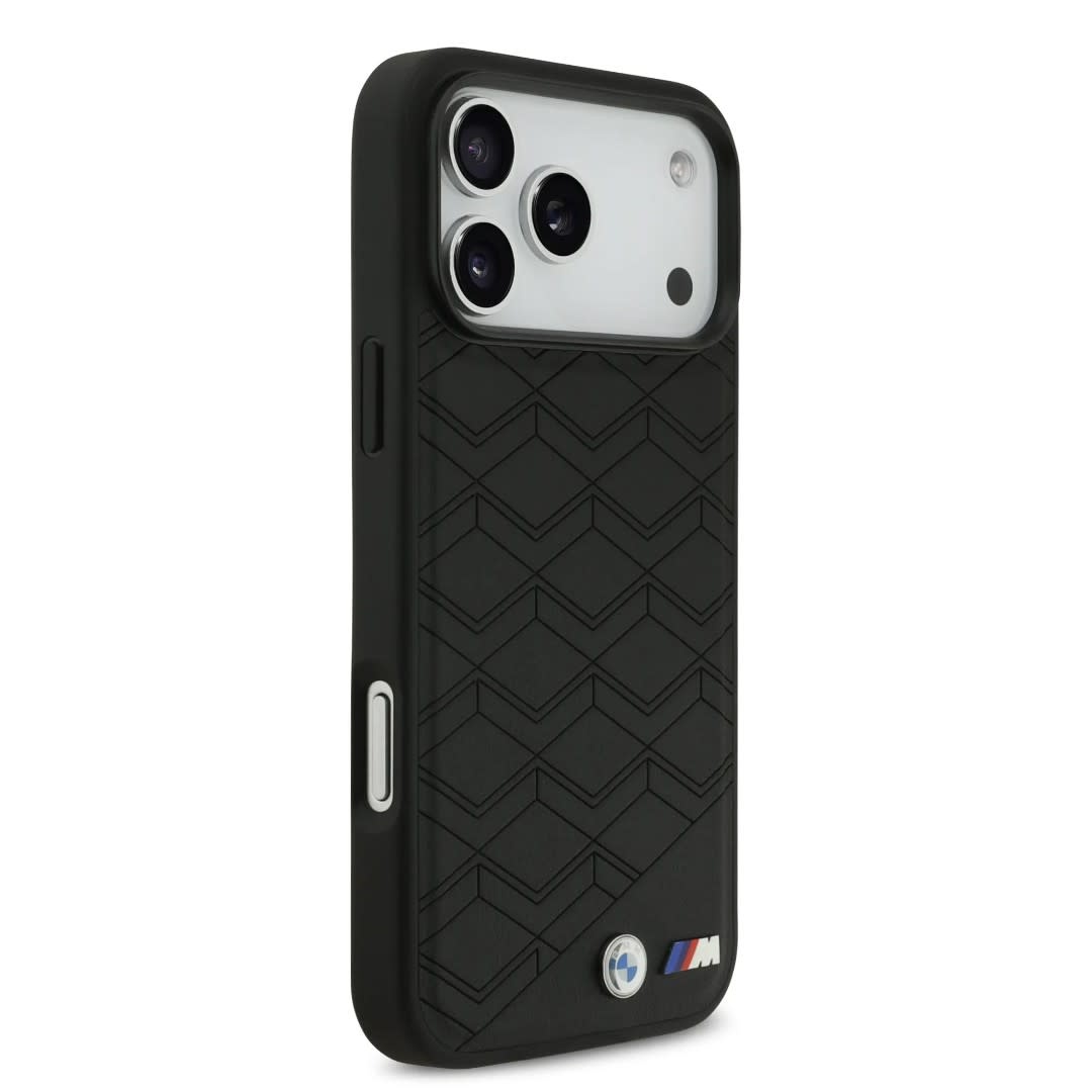 BMW iPhone 17 Pro Max hoesje - MagSafe - Seat Shaped Leather Case With Metal Logos - Zwart - detail 3