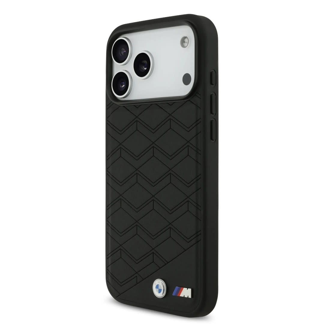 BMW iPhone 17 Pro Max hoesje - MagSafe - Seat Shaped Leather Case With Metal Logos - Zwart - detail 1