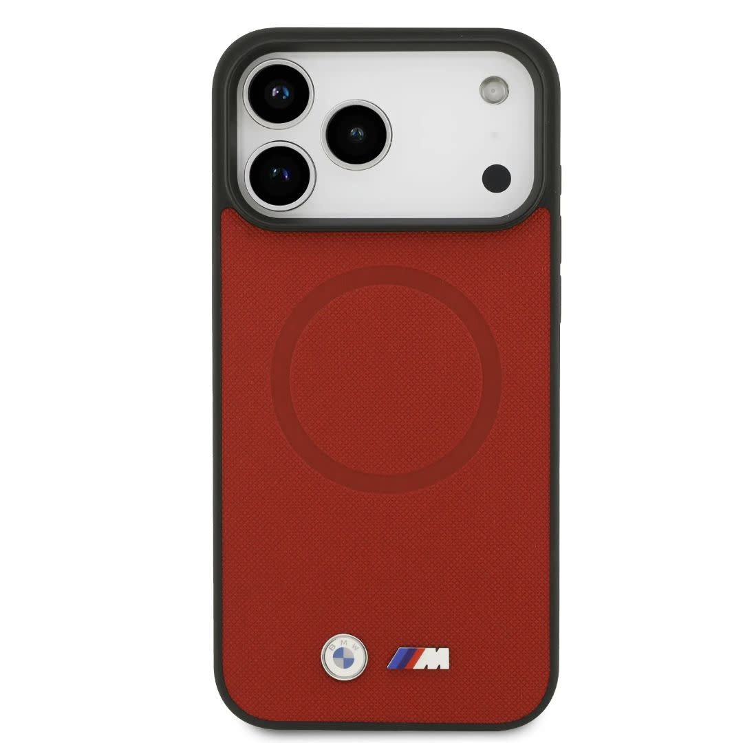 BMW iPhone 17 Pro Max hoesje - MagSafe - Full Wrapped Leather Case With Metal Logos - Rood - detail 3