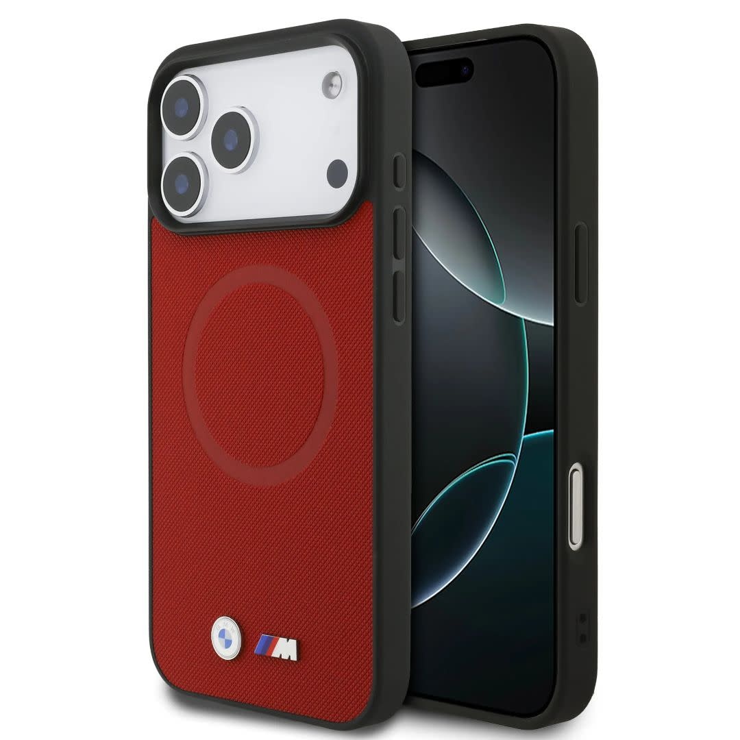 BMW iPhone 17 Pro Max hoesje - MagSafe - Full Wrapped Leather Case With Metal Logos - Rood - detail 1