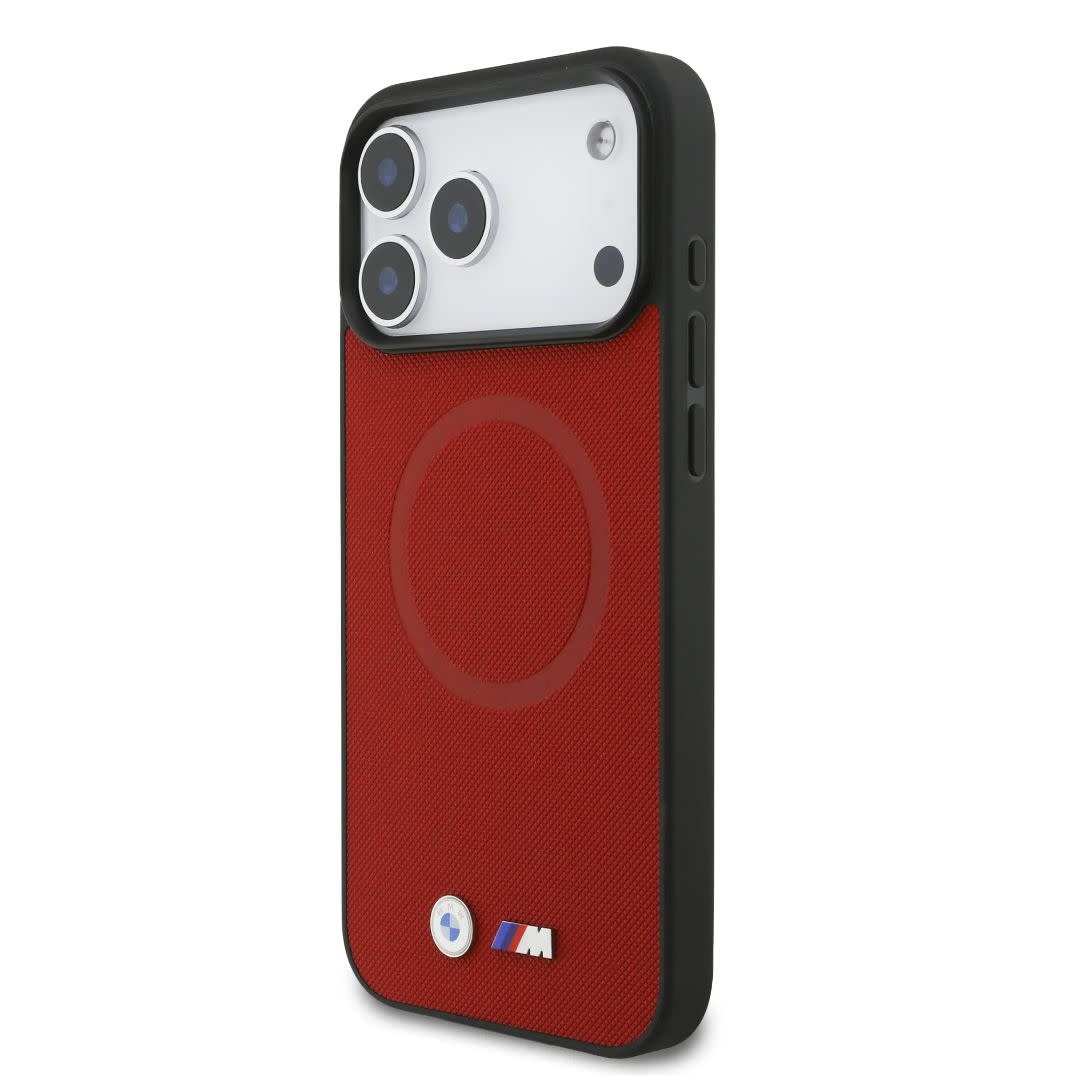 BMW iPhone 17 Pro Max hoesje - MagSafe - Full Wrapped Leather Case With Metal Logos - Rood - detail 2