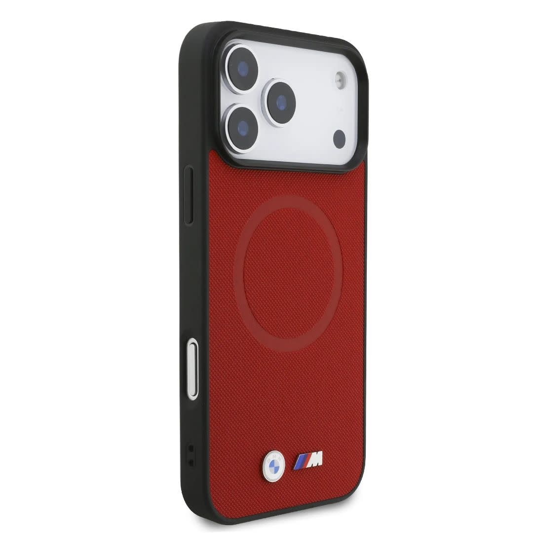 BMW iPhone 17 Pro Max hoesje - MagSafe - Full Wrapped Leather Case With Metal Logos - Rood - detail 4
