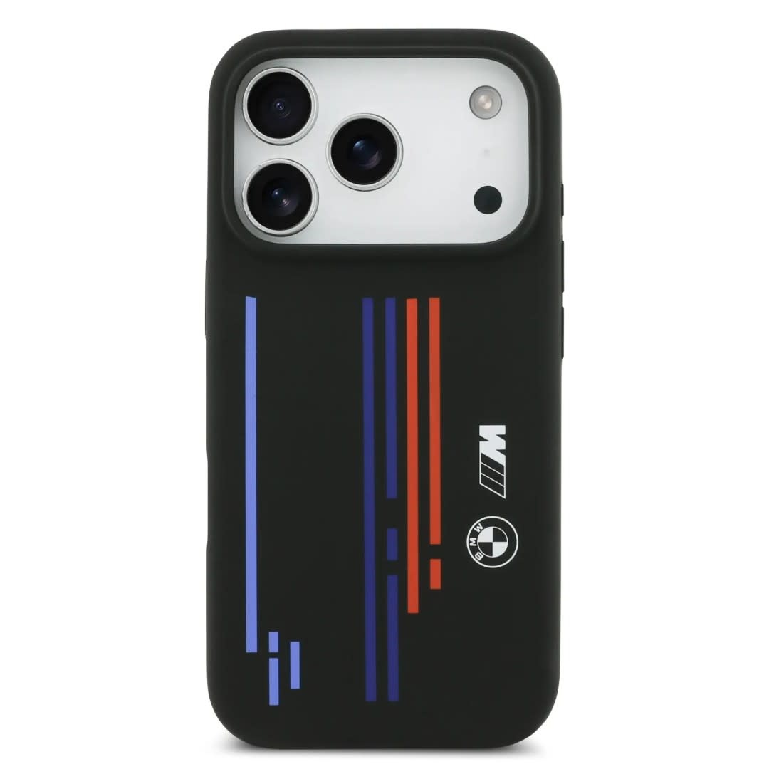 BMW iPhone 17 Pro Max hoesje - MagSafe - Liquid Silicone Case With Printed Multi-Tricolor - Zwart - detail 3