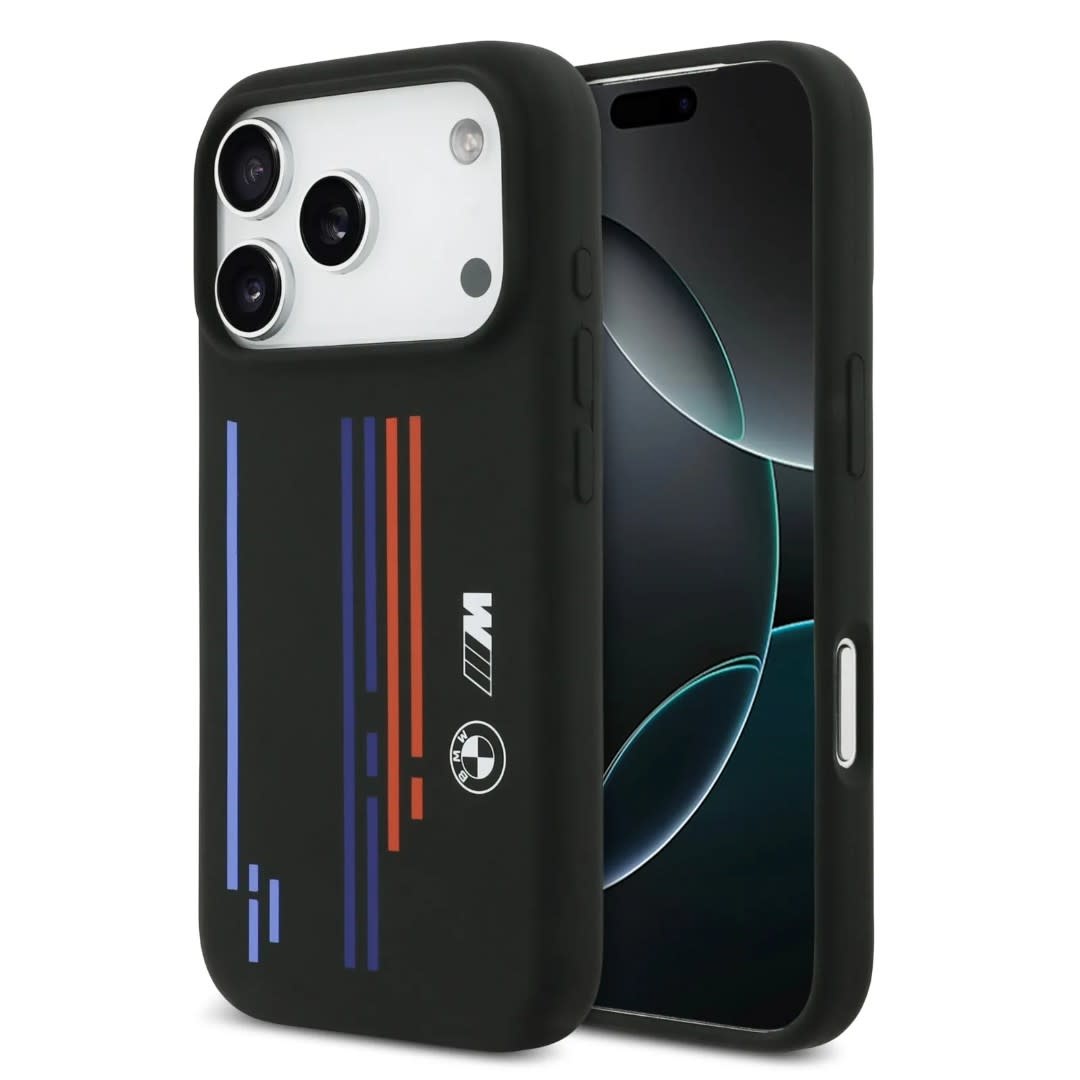 BMW iPhone 17 Pro Max hoesje - MagSafe - Liquid Silicone Case With Printed Multi-Tricolor - Zwart - detail 1