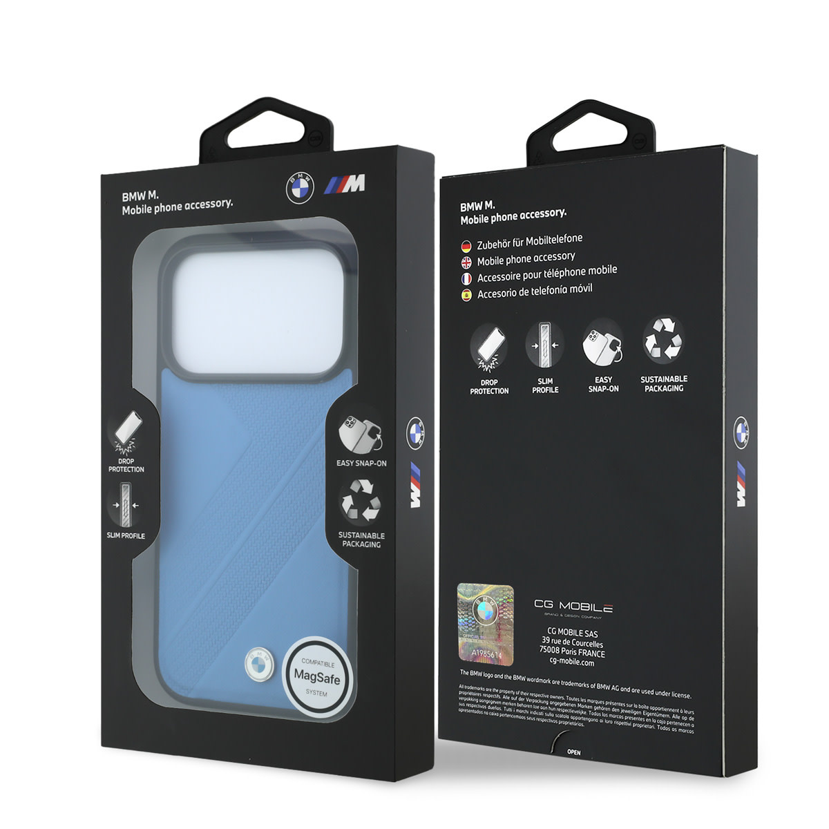 BMW iPhone 18 Pro / iPhone 17 Pro hoesje MagSafe - PU - textured tyre-track pattern - hard shell - metal logos Lichtblauw - detail 7