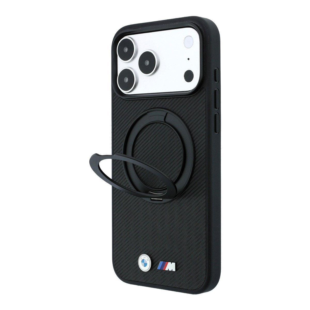 BMW M iPhone 18 Pro Max / iPhone 17 Pro Max hoesje MagSafe - PU - Kevlar - hard shell - ring stand - metal logos Zwart - detail 5
