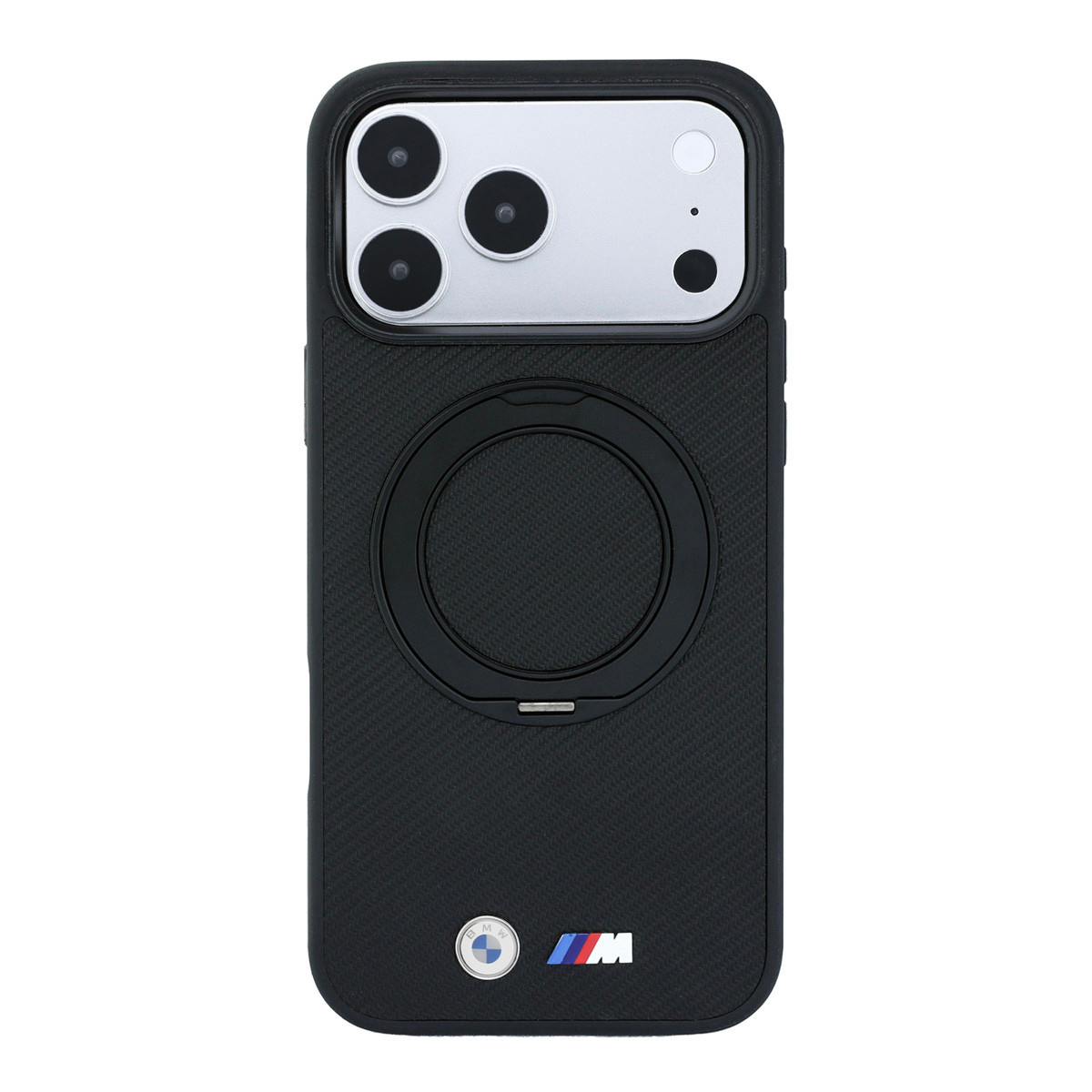 BMW M iPhone 18 Pro Max / iPhone 17 Pro Max hoesje MagSafe - PU - Kevlar - hard shell - ring stand - metal logos Zwart - detail 1