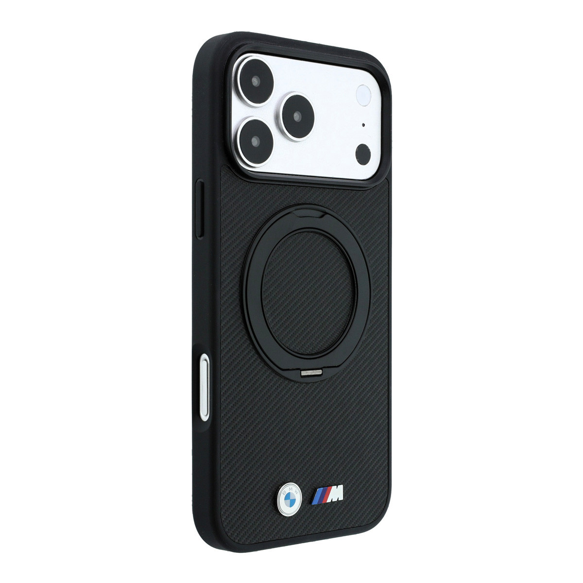 BMW M iPhone 18 Pro Max / iPhone 17 Pro Max hoesje MagSafe - PU - Kevlar - hard shell - ring stand - metal logos Zwart - detail 3