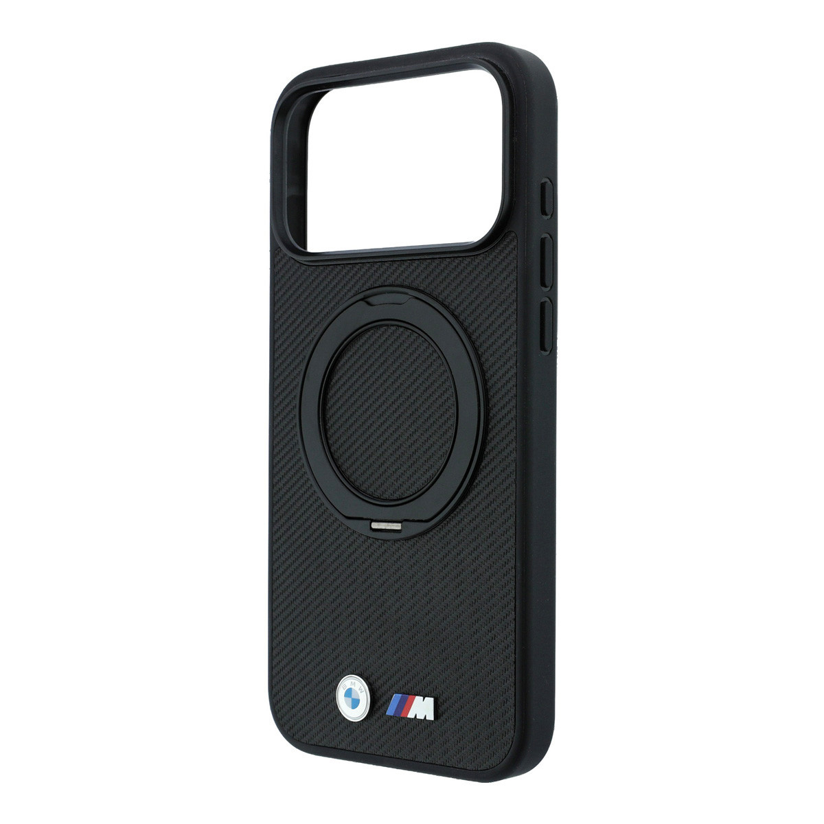 BMW M iPhone 18 Pro Max / iPhone 17 Pro Max hoesje MagSafe - PU - Kevlar - hard shell - ring stand - metal logos Zwart - detail 2