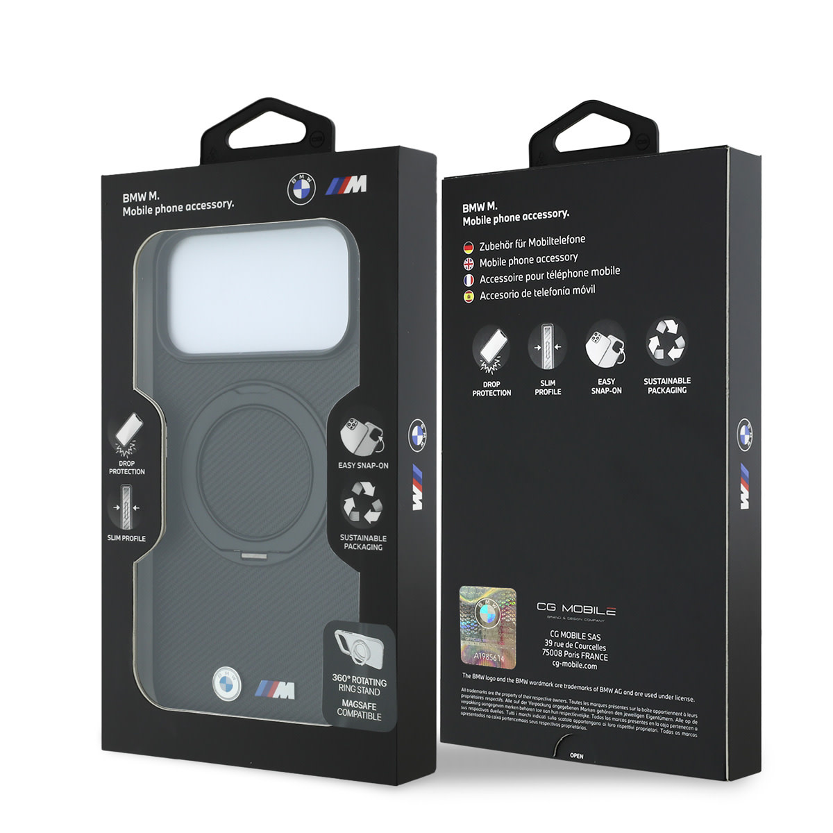 BMW M iPhone 18 Pro Max / iPhone 17 Pro Max hoesje MagSafe - PU - Kevlar - hard shell - ring stand - metal logos Zwart - detail 4
