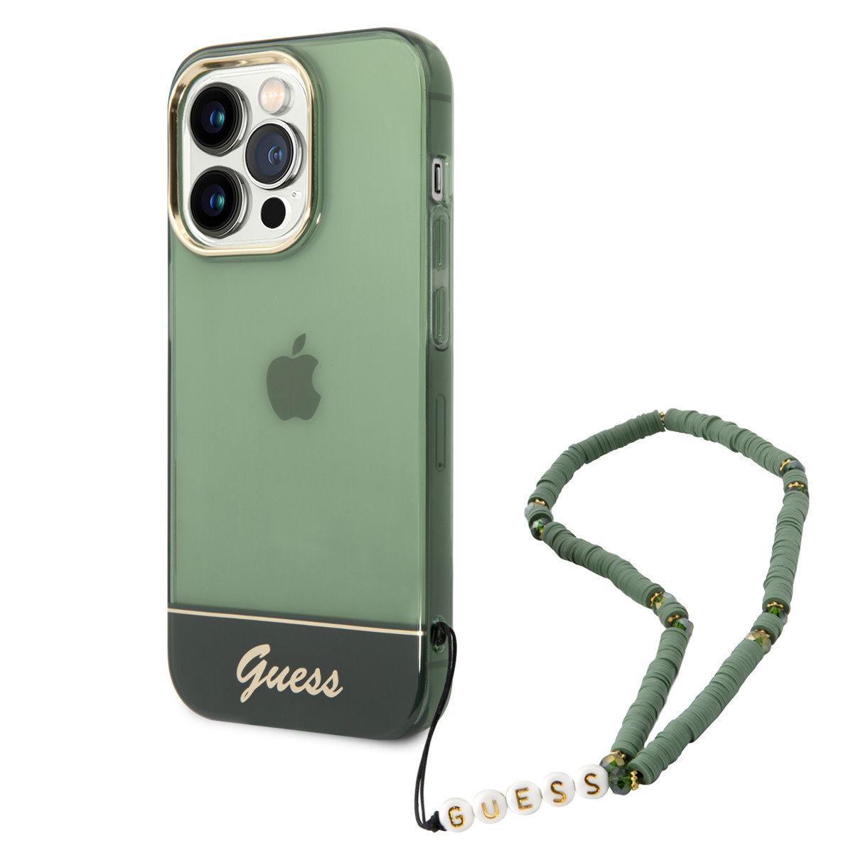 GUESS iPhone 14 Pro hoesje - Doorzichtig - met koord - Groen - productfoto