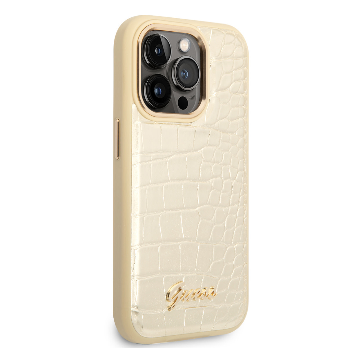 GUESS iPhone 14 Pro hoesje - Croco - Metal Buttons & Camera - Goud - detail 3