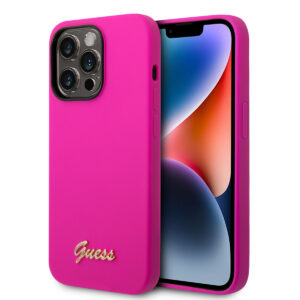 GUESS iPhone 14 Pro Silicone hoesje - Metal logo - Fuchsia - productfoto