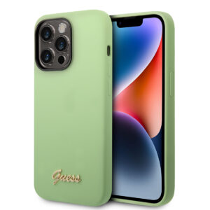 GUESS iPhone 14 Pro Silicone hoesje - Metal logo - Groen - productfoto